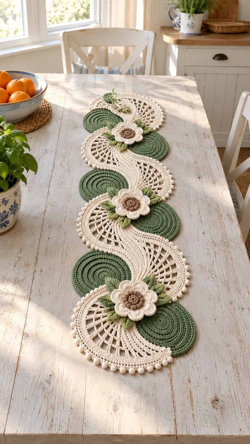 Elegant Floral Table Runner Pattern crochet pattern - detailed view of completed project