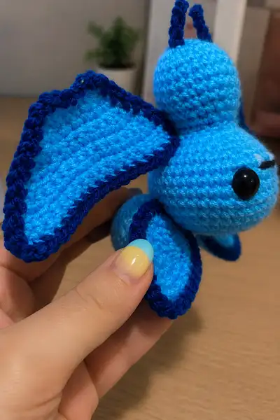 Tiny Blue Bat Amigurumi Pattern step 2 - assembly progress
