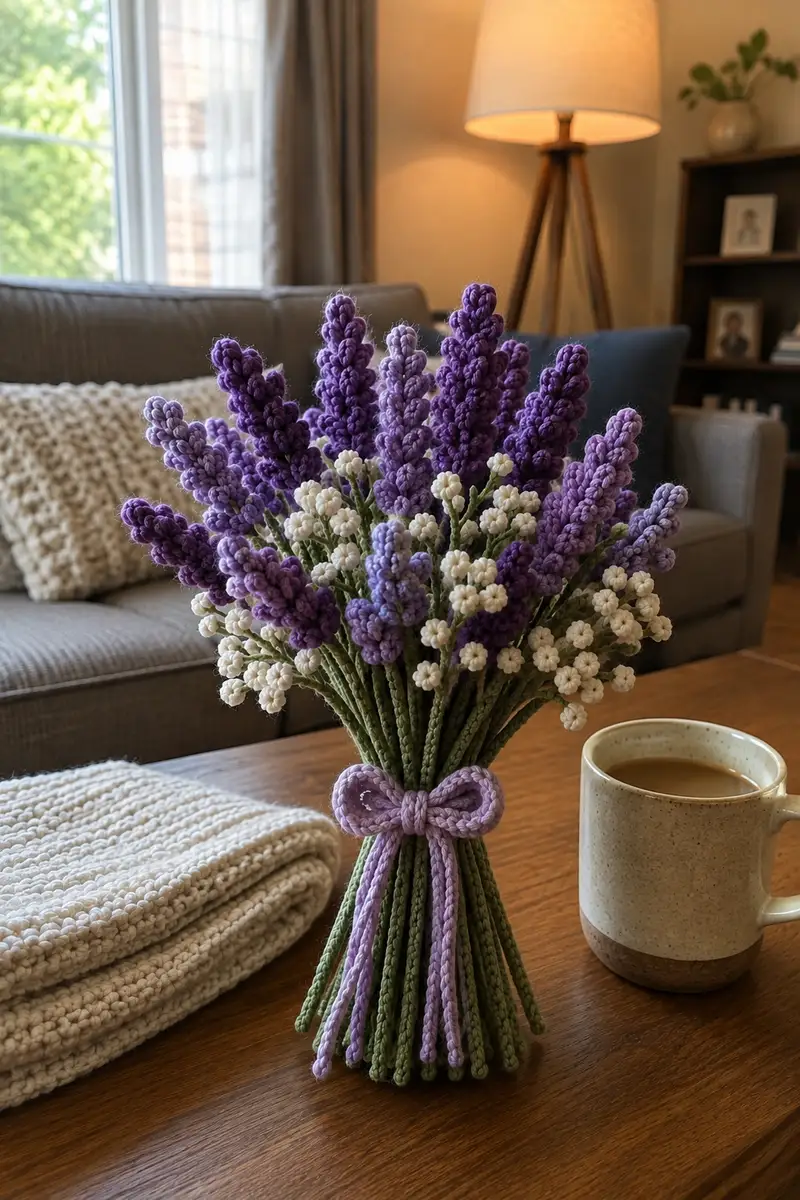 Lavender and Baby's Breath Crochet Bouquet Pattern crochet pattern - detailed view of completed project