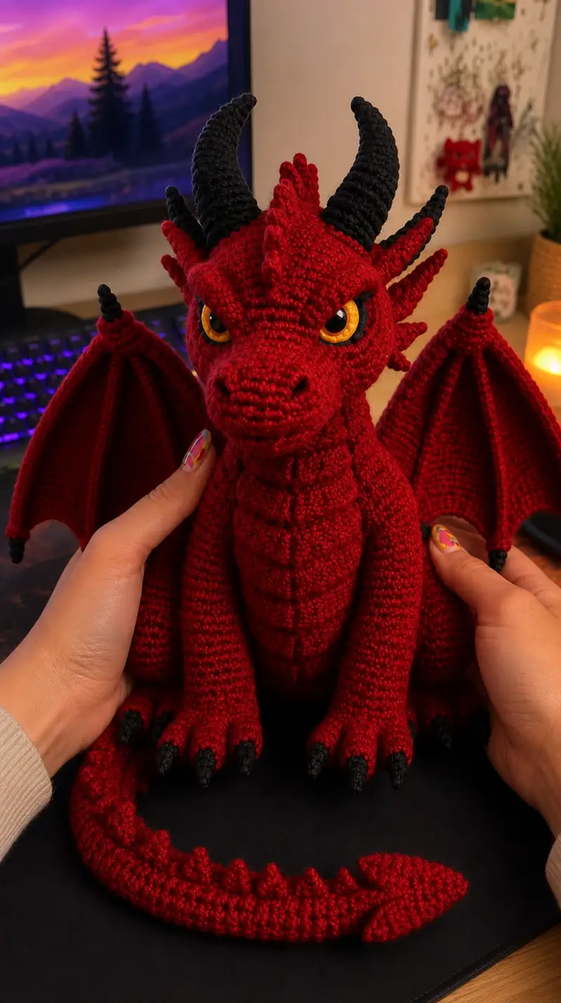 Crimson Dragon Amigurumi Pattern crochet pattern - detailed view of completed project
