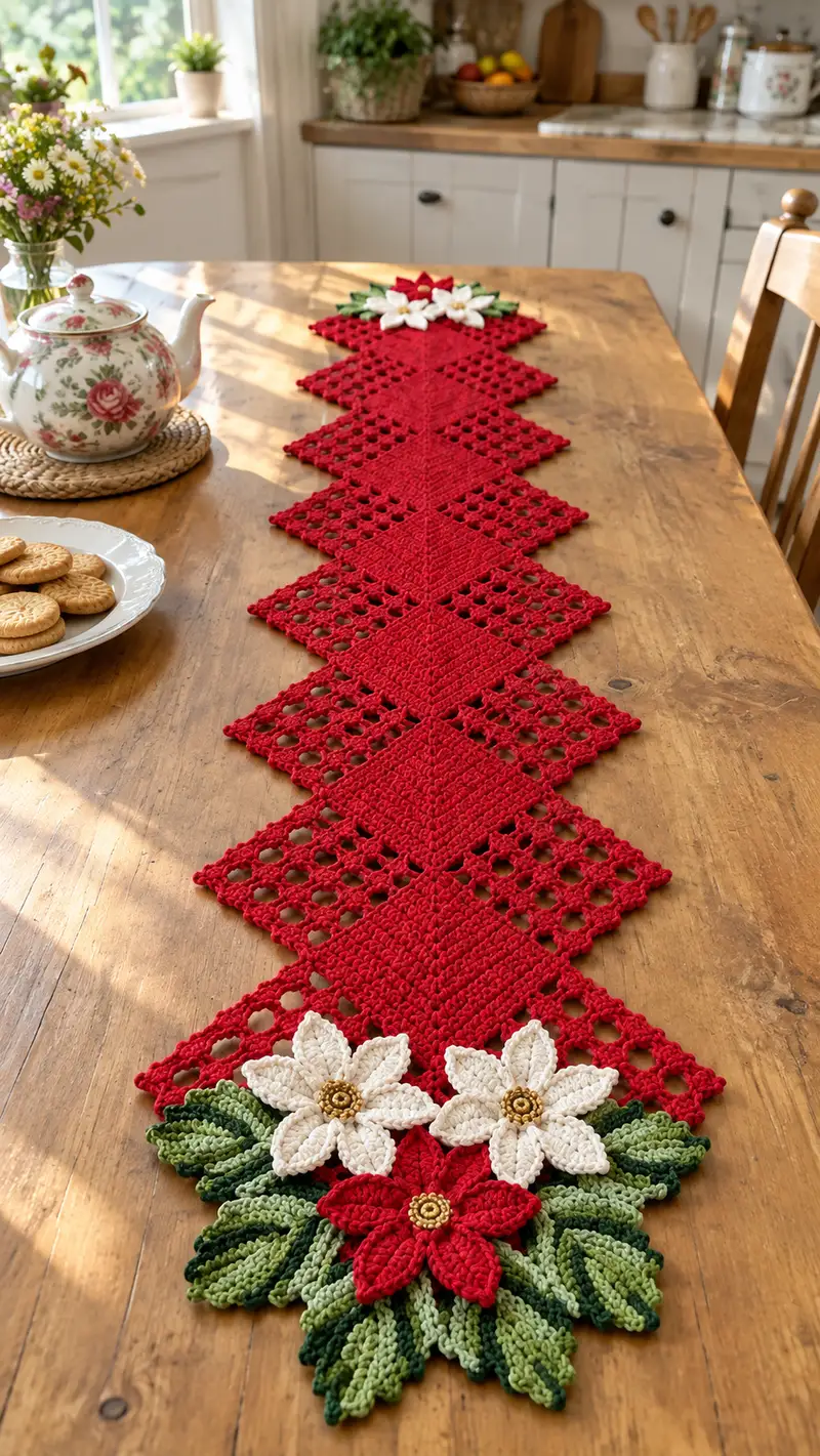 Poinsettia Diamond Table Runner Pattern crochet pattern - detailed view of completed project