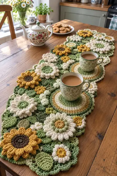 Sunflower and Coaster Fancy Crochet Table Runner Pattern step 1 - construction progress