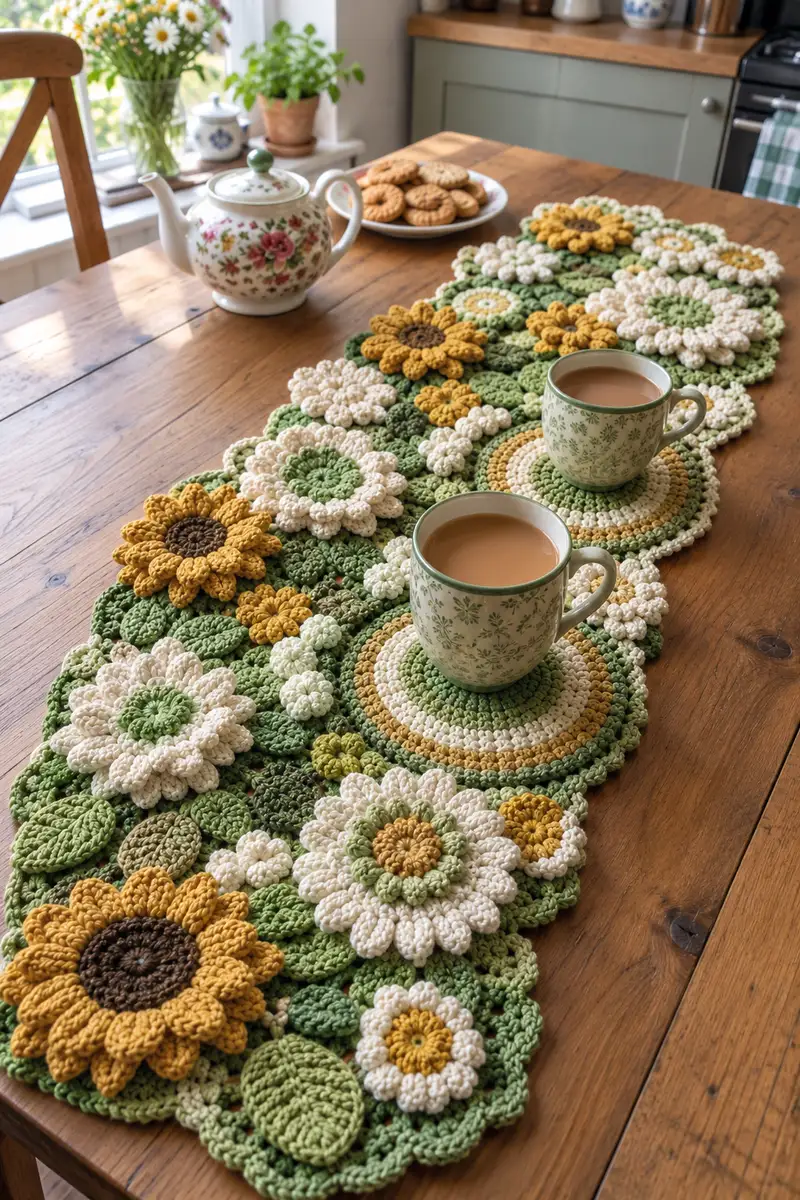 Sunflower and Coaster Fancy Crochet Table Runner Pattern crochet pattern - detailed view of completed project