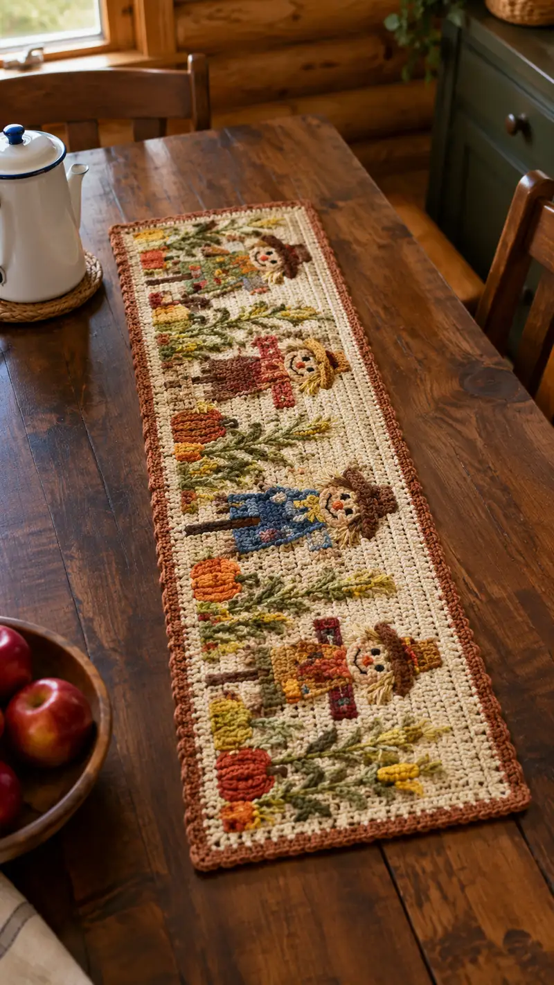Autumn Scarecrow Table Runner Pattern crochet pattern - detailed view of completed project