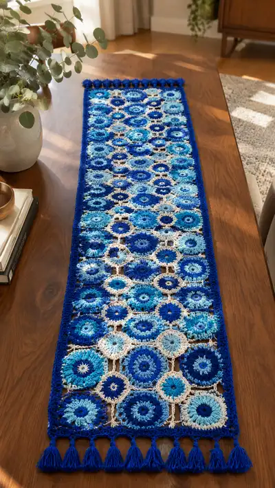 Blue Sunburst Crochet Table Runner Pattern step 1 - construction progress