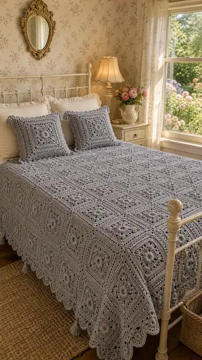 Dove Grey Floral Granny Square Bedspread Pattern step 1 - construction progress