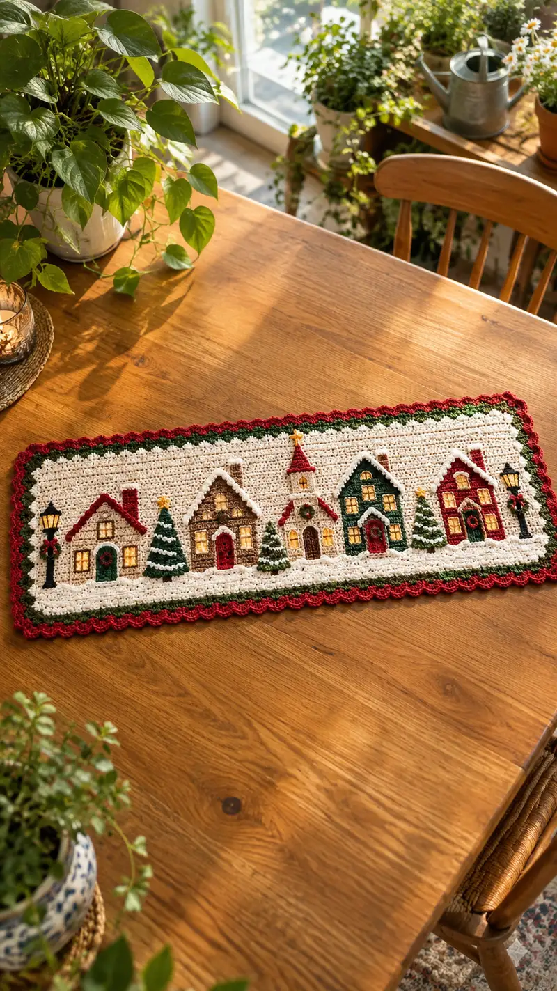 Cozy Christmas Village Table Runner Pattern crochet pattern - detailed view of completed project