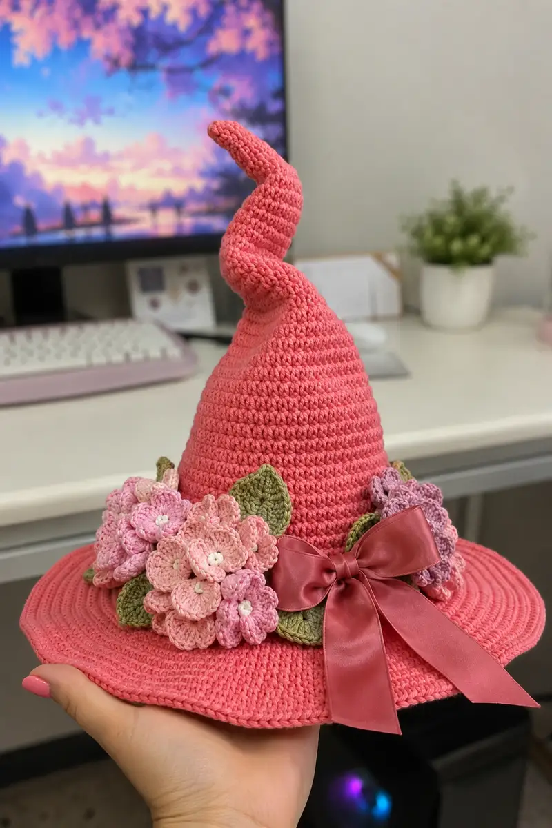 Big Tall Coral Pink Spiral Witch Hat with Hydrangeas and Satin Bow Pattern crochet pattern - detailed view of completed project