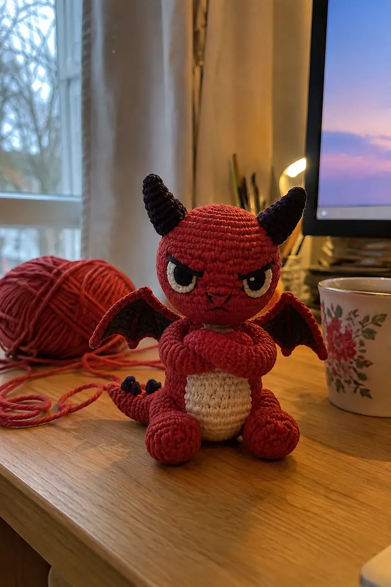 Free crochet pattern: Small Furious Devil Dragon with Crossed Arms Amigurumi Pattern - Intermediate level tutorial