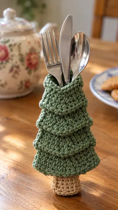 Festive Stacked Tree Cutlery Holder Pattern step 2 - assembly progress