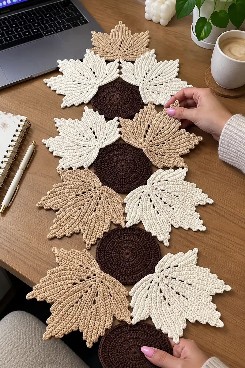Autumn Maple Leaf Table Runner Pattern crochet pattern - detailed view of completed project