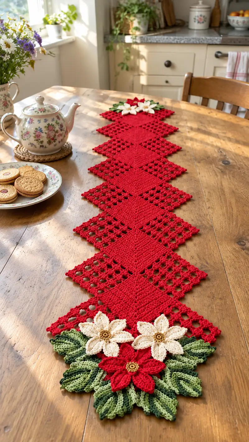 Poinsettia Diamond Table Runner Pattern crochet pattern - detailed view of completed project