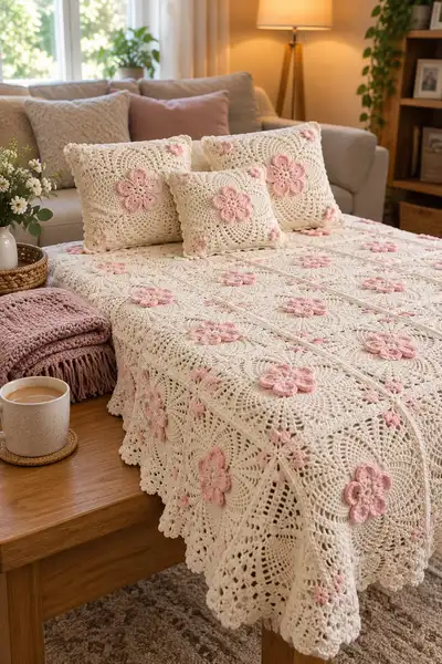 Romantic Pink Flower Lace Bedspread Pattern step 2 - assembly progress