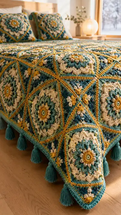 Mustard Teal Floral Granny Square Bedspread Pattern step 2 - assembly progress