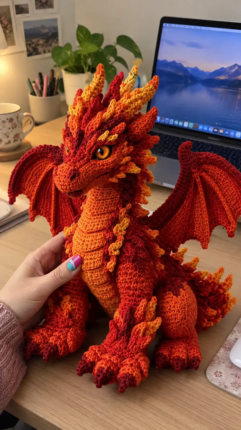 Firecrest Dragon Amigurumi Pattern crochet pattern - detailed view of completed project