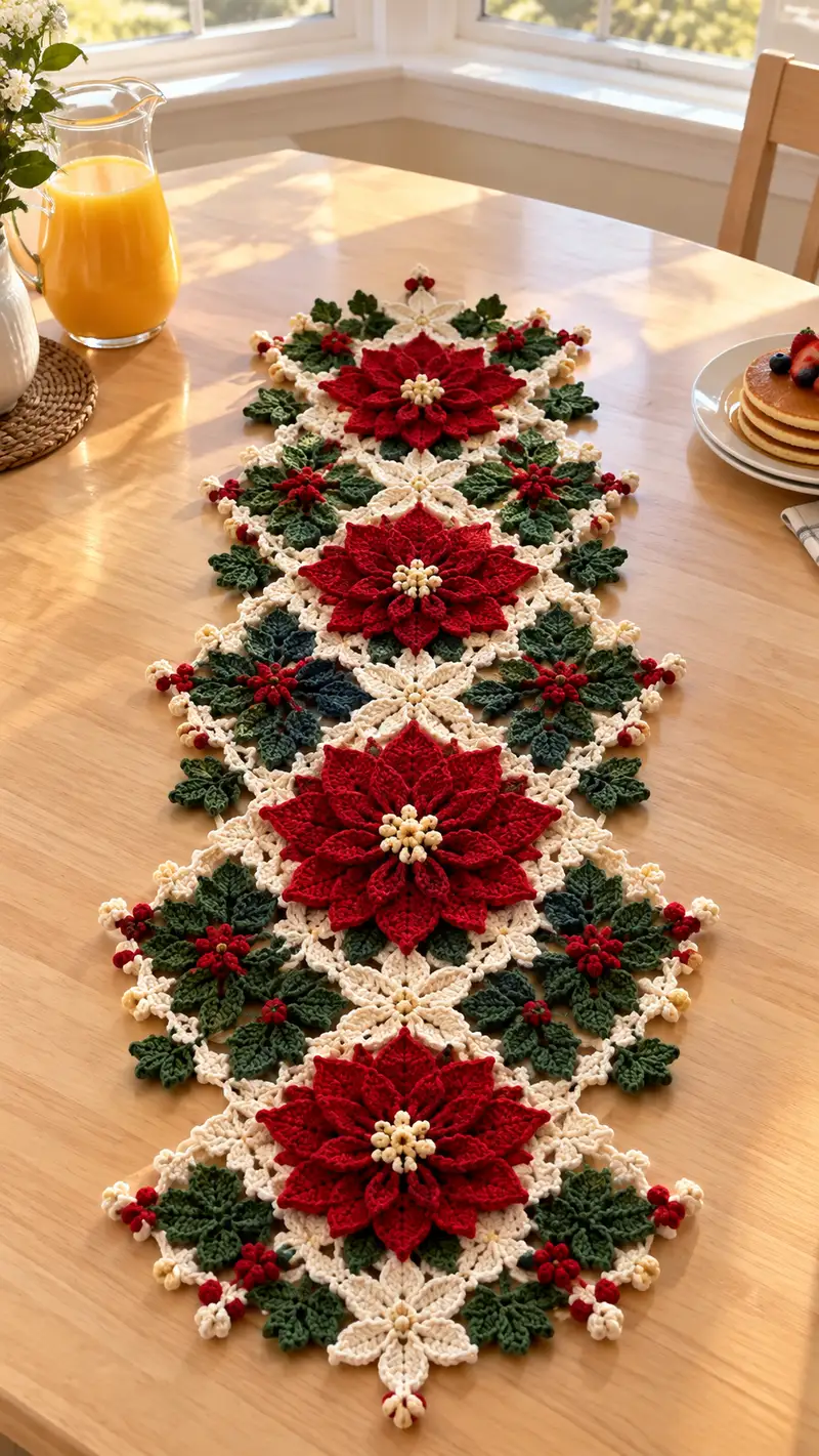 Red Poinsettia Cream Lace Table Runner Pattern crochet pattern - detailed view of completed project