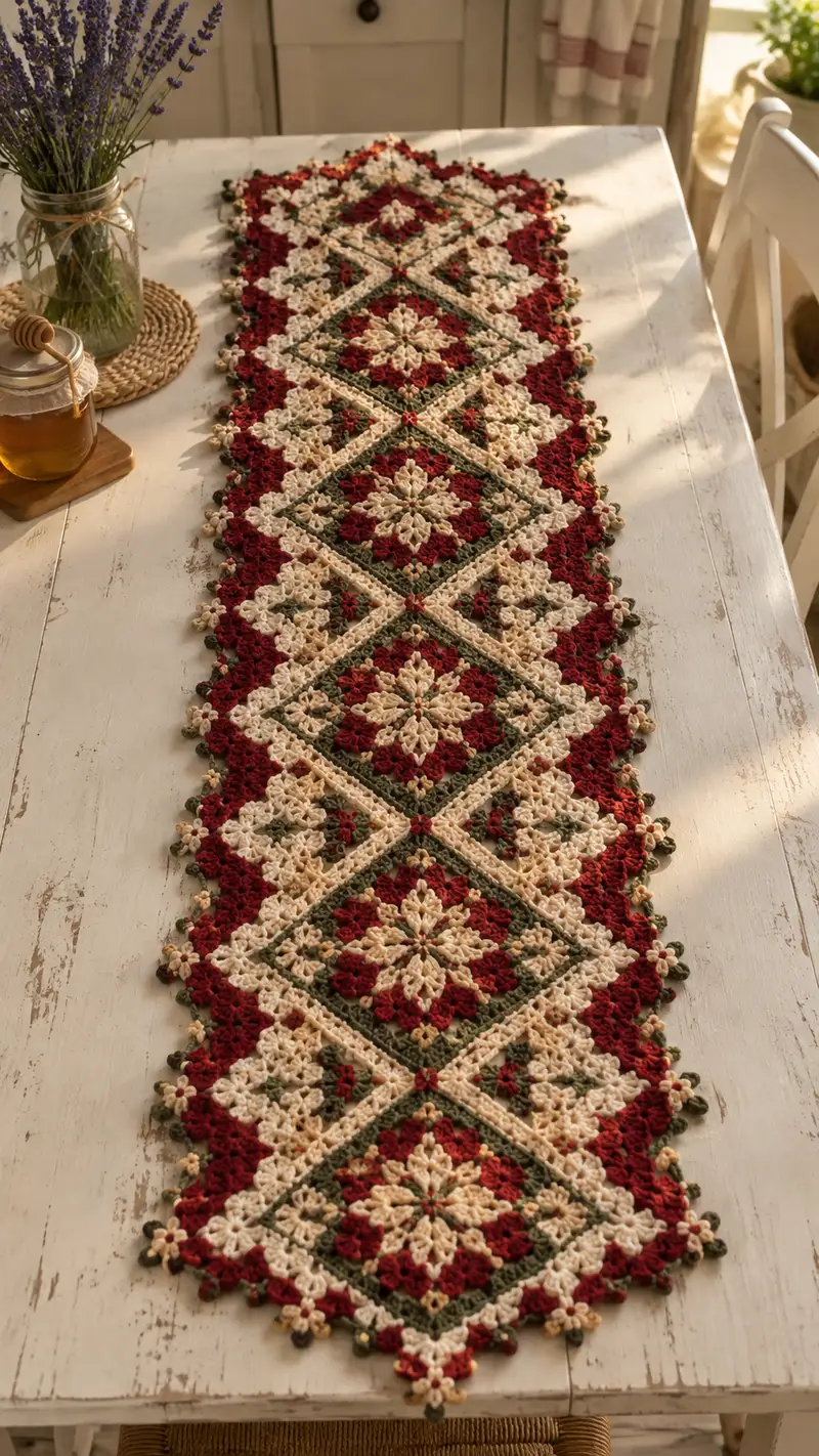 Olive And Burgundy Floral Diamond Table Runner Pattern crochet pattern - detailed view of completed project