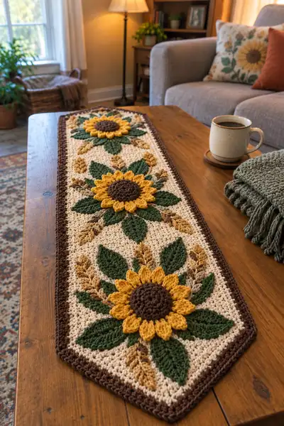 Rustic Sunflower and Wheat Sheaf Table Runner Pattern step 1 - construction progress