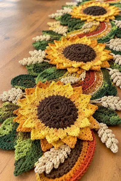 Freeform Autumn Sunflower and Wheat Spiral Table Runner Pattern step 2 - assembly progress