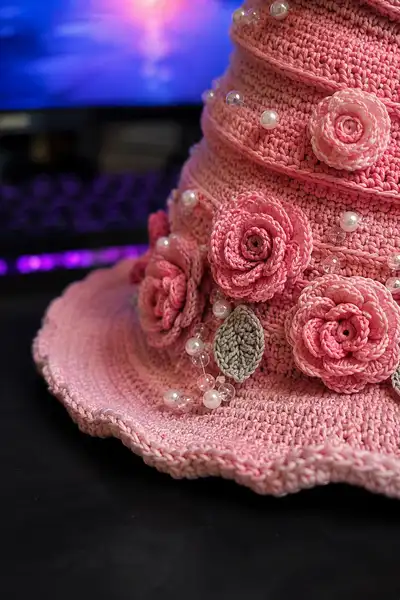 Big Tall Blush Pink Spiral Witch Hat Pattern step 2 - assembly progress