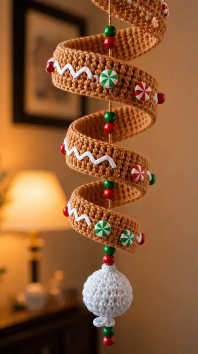 Gingerbread Spiral Hanging Ornament Amigurumi Pattern step 2 - assembly progress