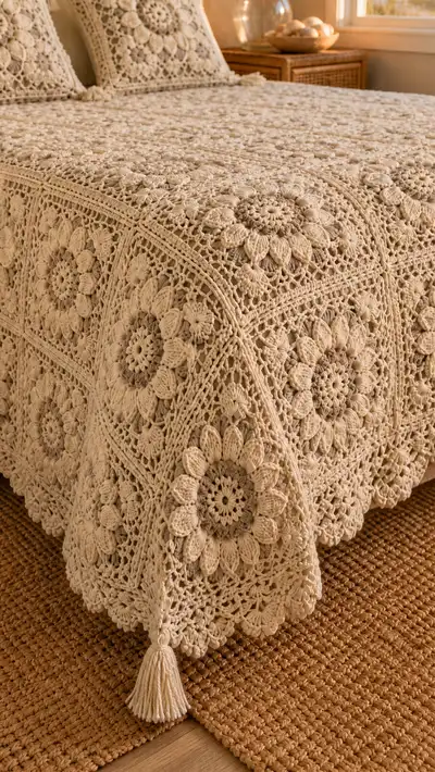 Antique Cream Floral Granny Bedspread Pattern step 2 - assembly progress