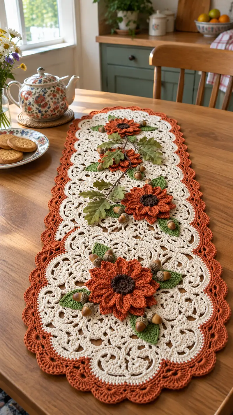 Autumn Sunflower Table Runner Pattern crochet pattern - detailed view of completed project