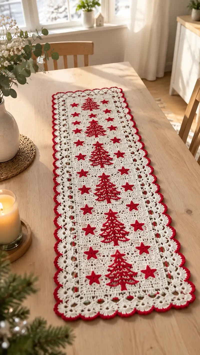 Festive Red & Cream Crochet Table Runner Pattern crochet pattern - detailed view of completed project