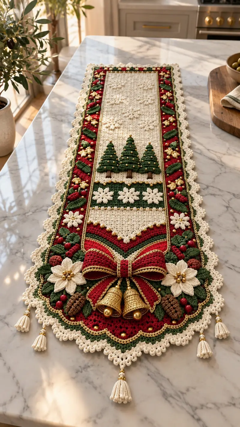 Festive Holiday Table Runner Pattern crochet pattern - detailed view of completed project