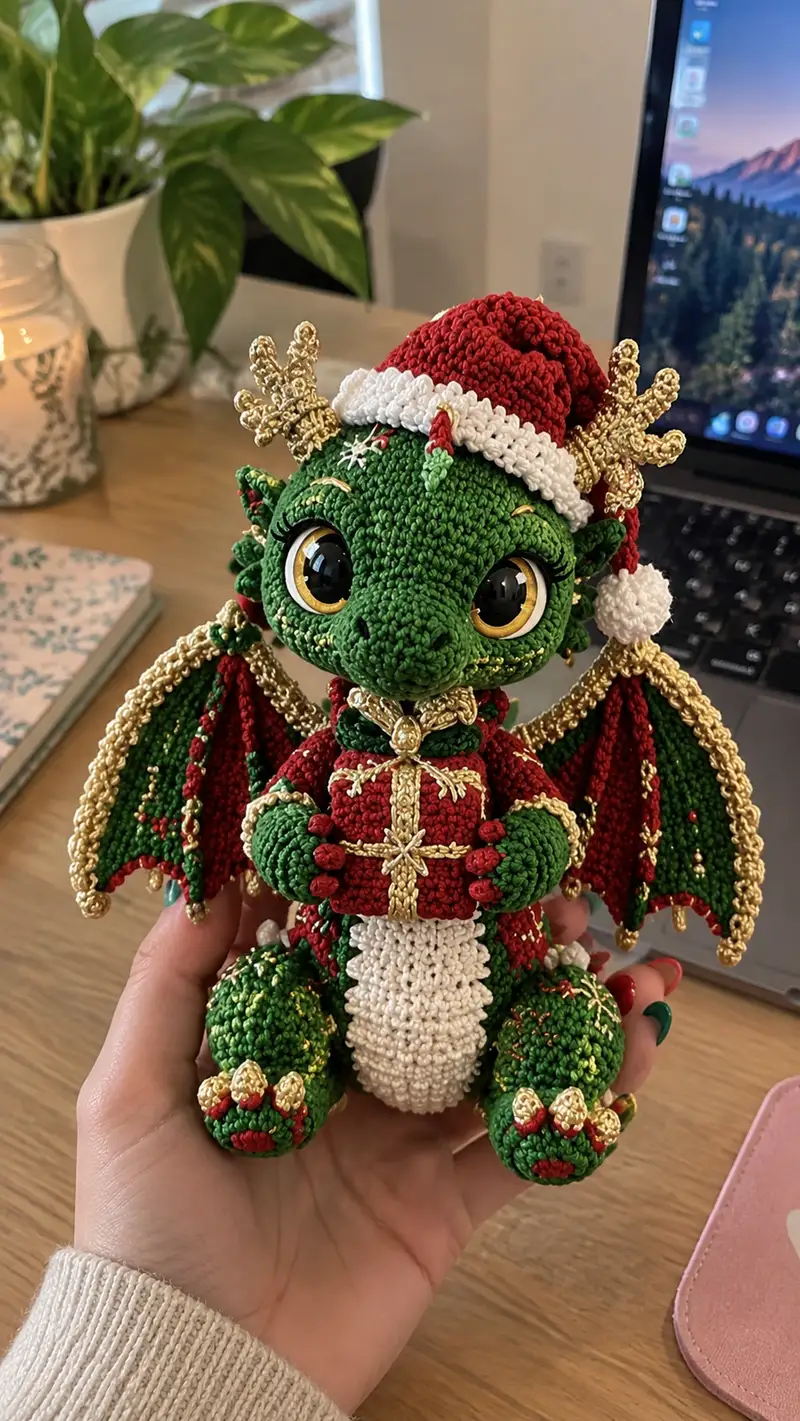 Festive Baby Dragon Amigurumi Pattern crochet pattern - detailed view of completed project