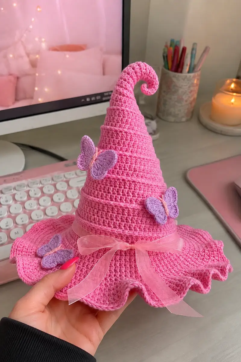 Big Bubblegum Pink Spiral Witch Hat with Butterflies and Ribbon Pattern crochet pattern - detailed view of completed project