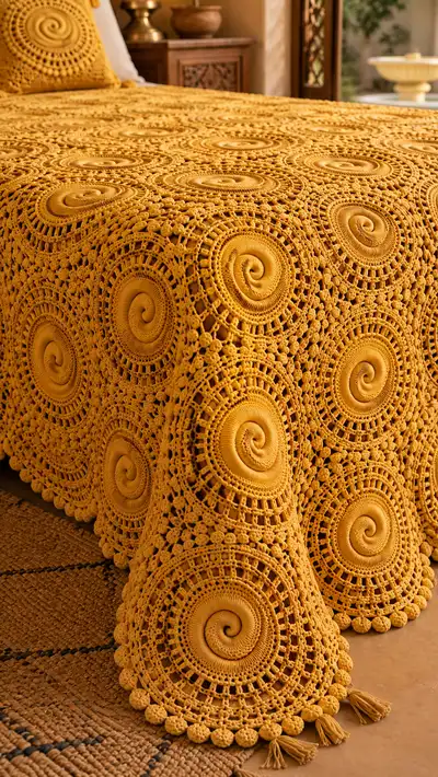 Golden Honey Spiral Granny Square Bedspread Pattern step 2 - assembly progress