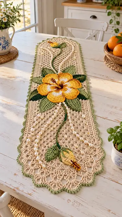 Hibiscus Lace Table Runner Pattern step 1 - construction progress