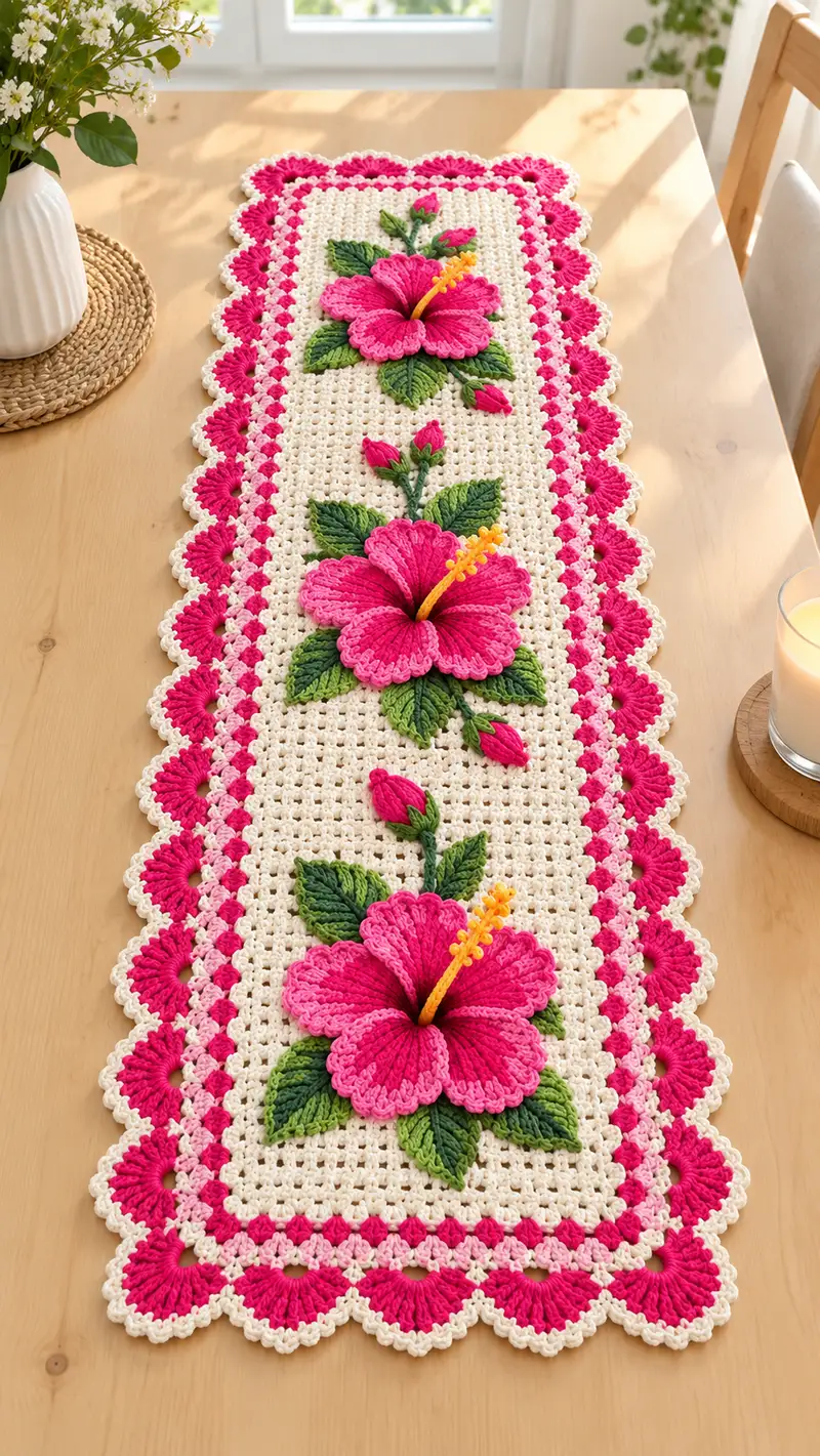 Hibiscus Table Runner Pattern crochet pattern - detailed view of completed project