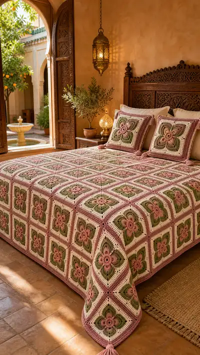 Rose Olive Floral Granny Bedspread Pattern step 1 - construction progress