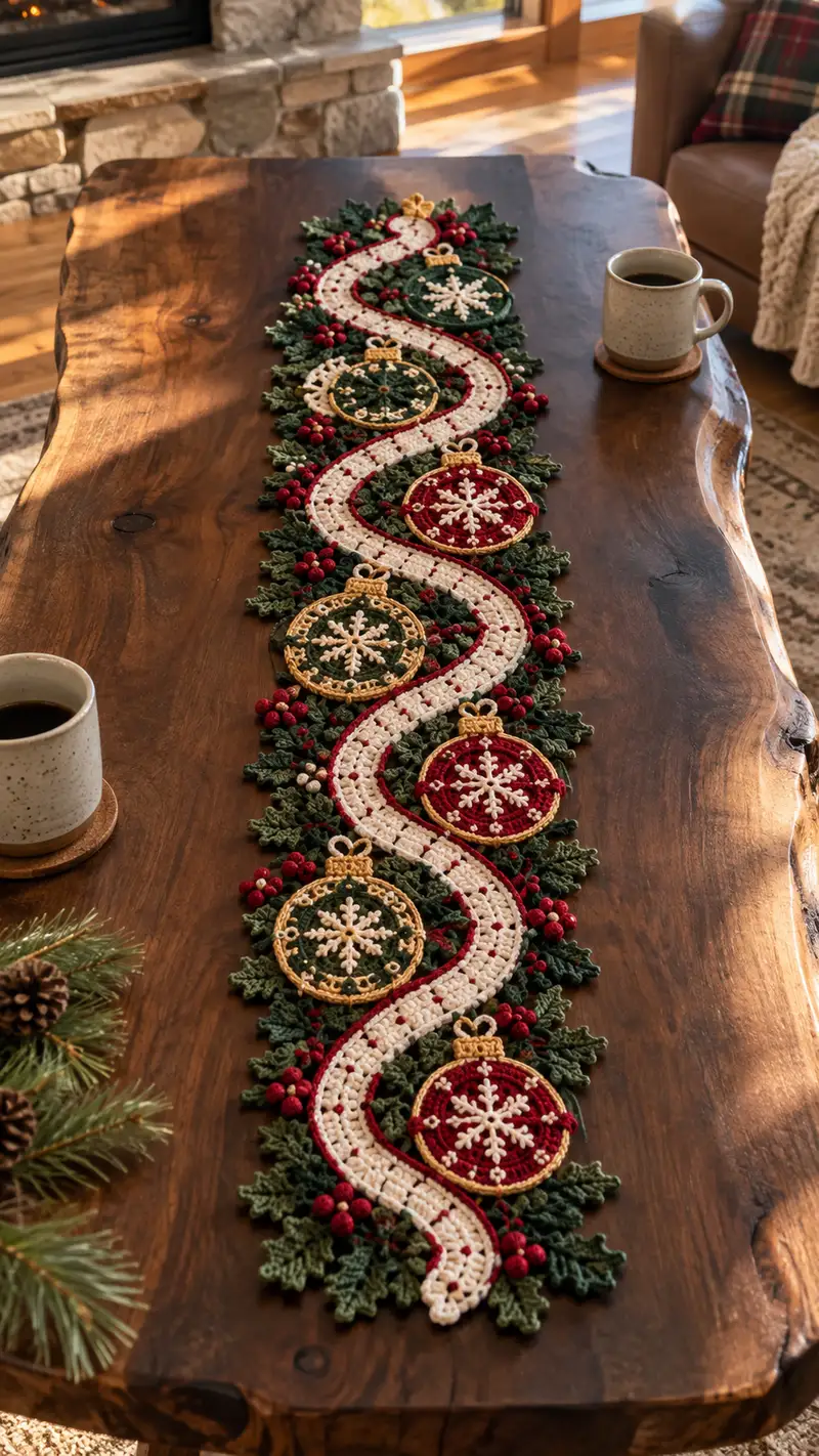 Cream Red Ornament Holly Table Runner Pattern crochet pattern - detailed view of completed project