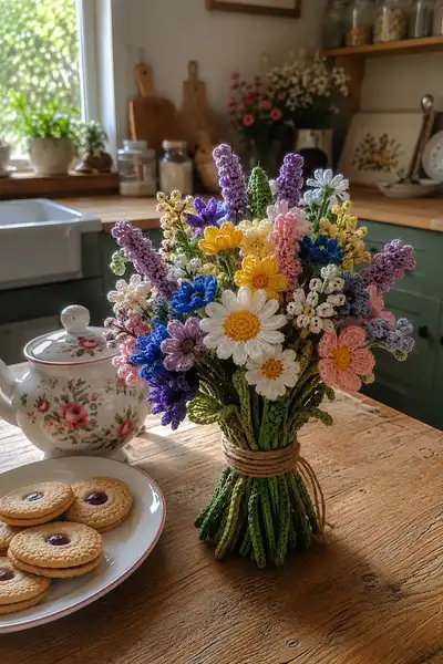 Wildflower Mixed Crochet Bouquet Pattern step 1 - construction progress