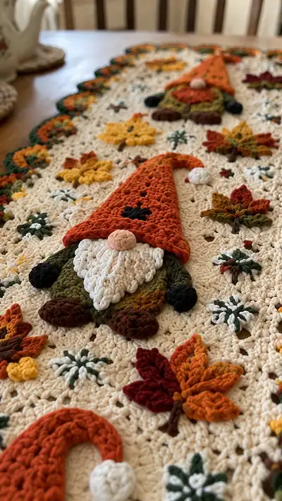 Autumn Gnome Table Runner Pattern step 2 - assembly progress