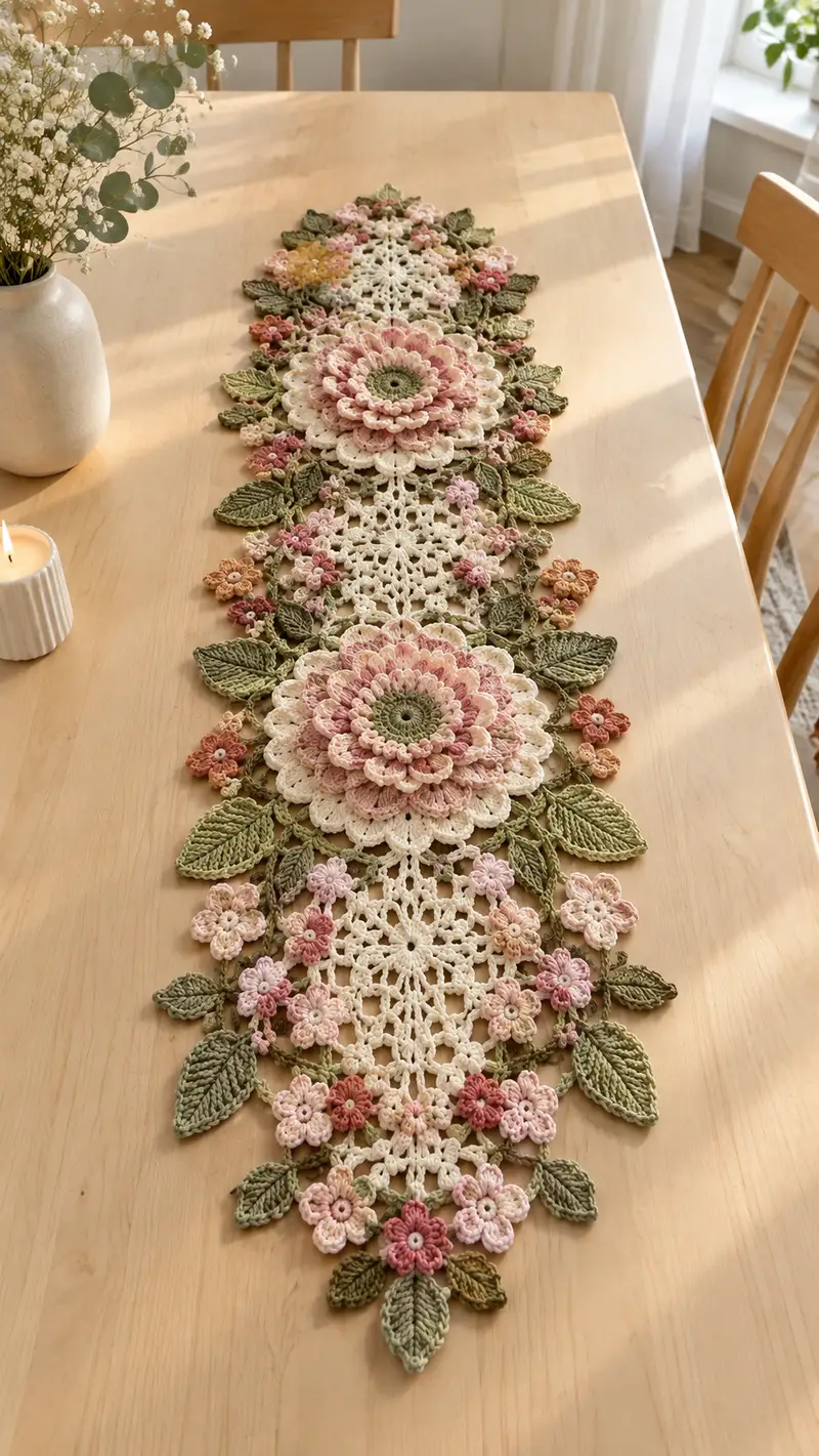 Vintage Floral Table Runner Pattern crochet pattern - detailed view of completed project