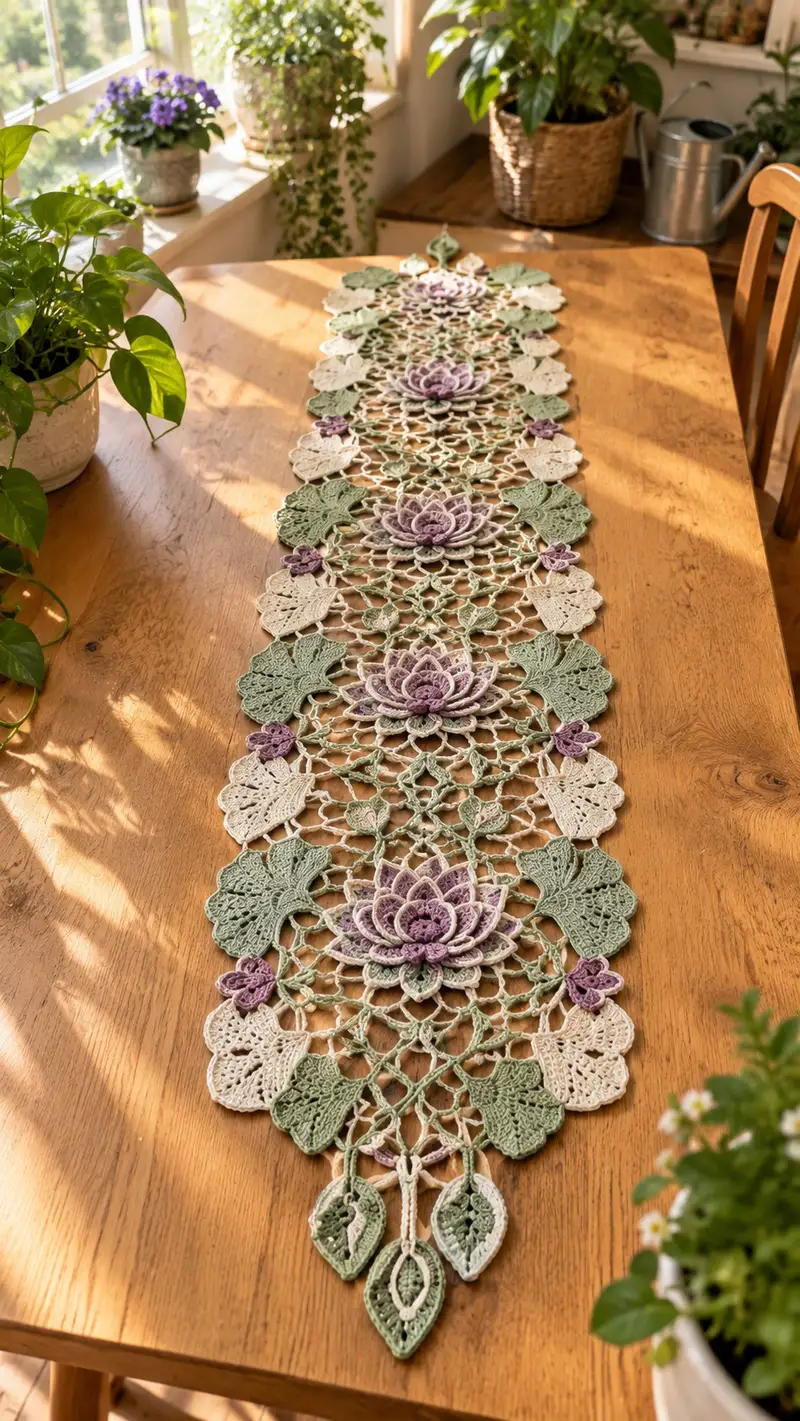 Lace Lotus Table Runner Pattern crochet pattern - detailed view of completed project