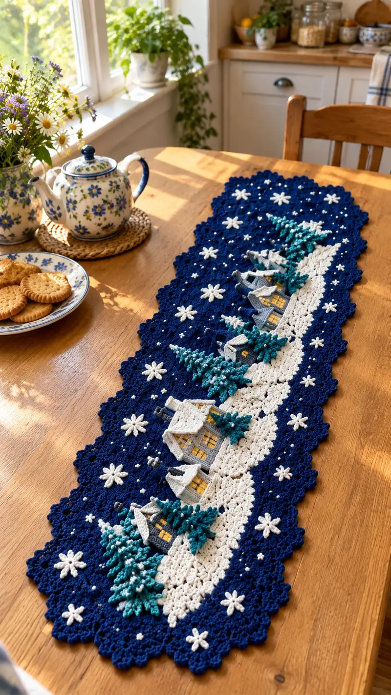Winter Village Table Runner Pattern crochet pattern - detailed view of completed project
