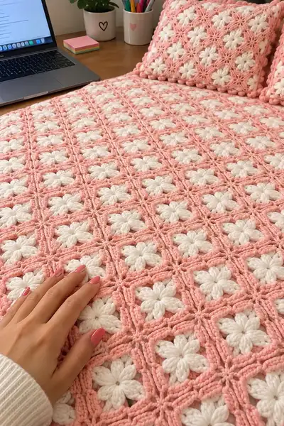 Coral Pink Bedspread Pattern step 1 - construction progress