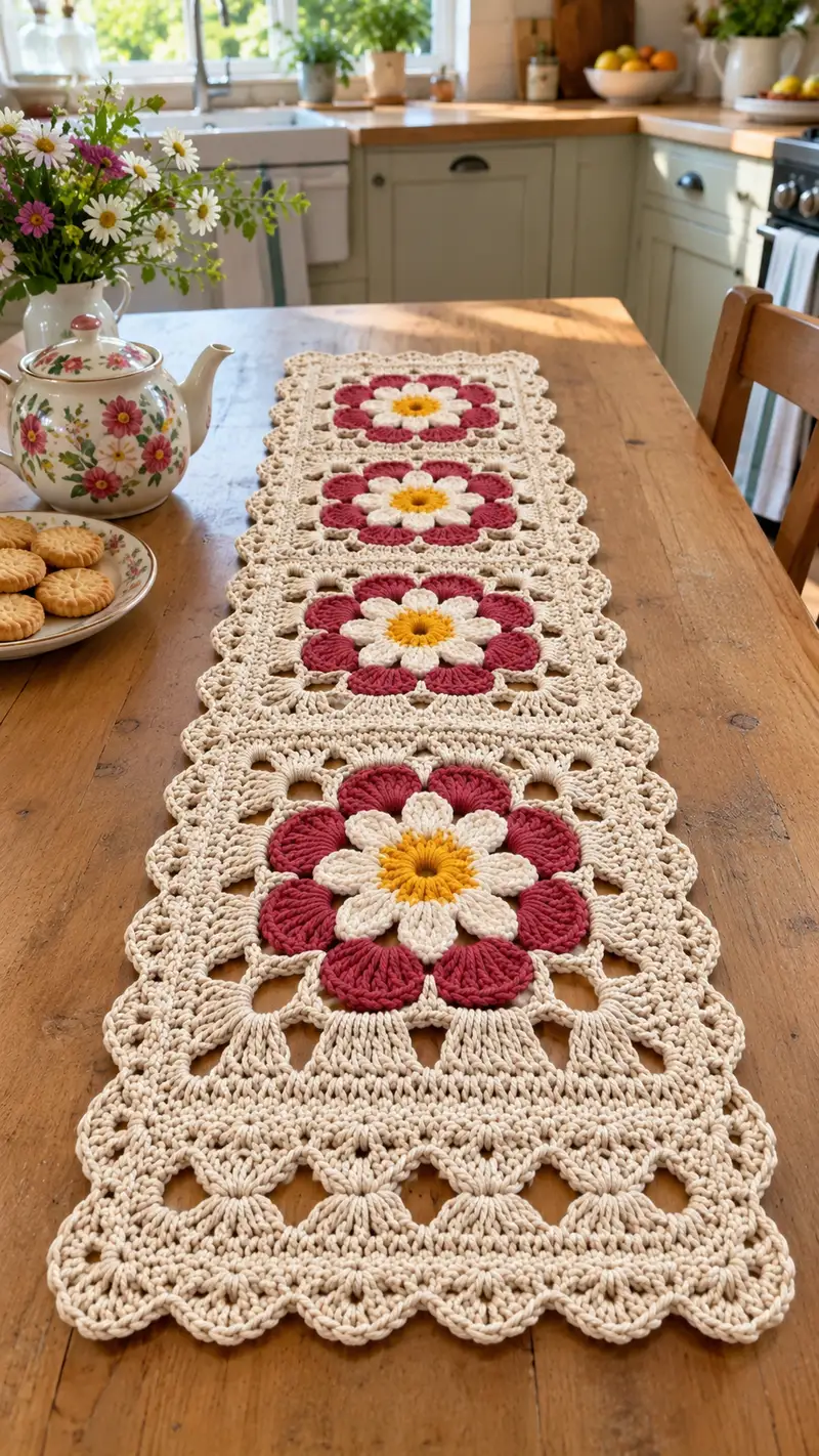 Vintage Daisy Square Table Runner Pattern crochet pattern - detailed view of completed project