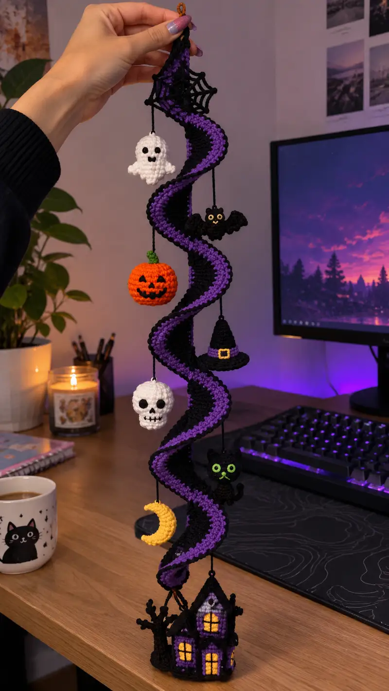 Spooky Spiral Halloween Mobile Pattern crochet pattern - detailed view of completed project