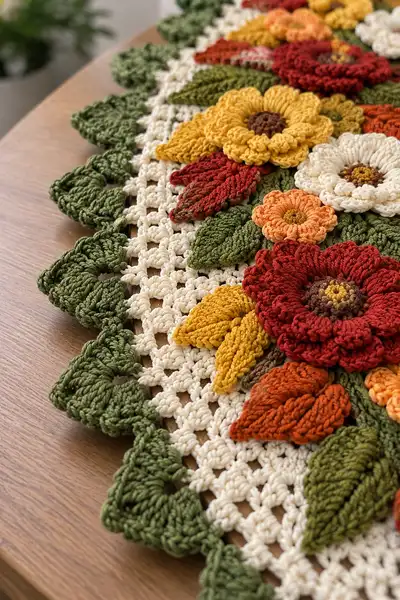 Autumn Harvest Flower Cascade Table Runner Pattern step 2 - assembly progress
