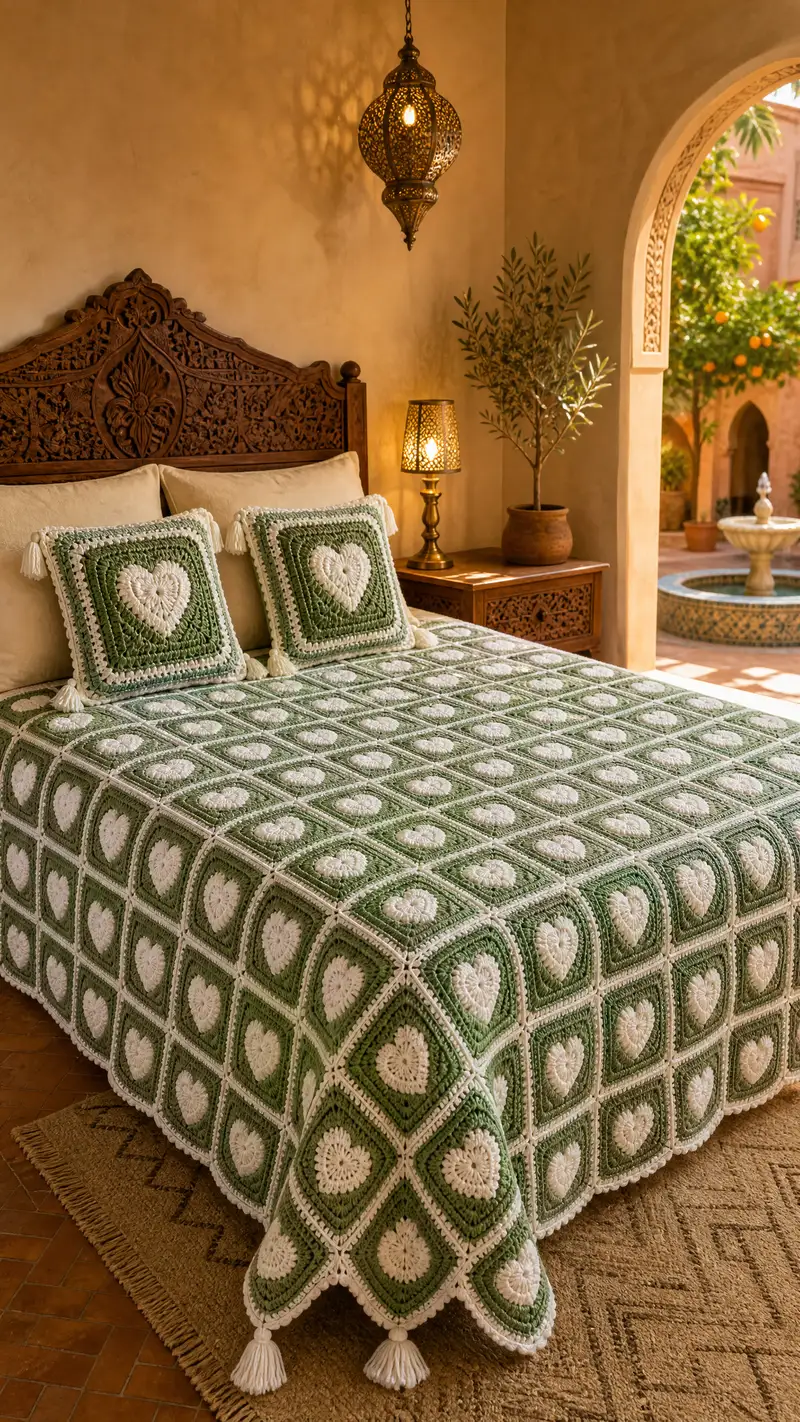 Sage Heart Granny Square Bedspread Pattern crochet pattern - detailed view of completed project