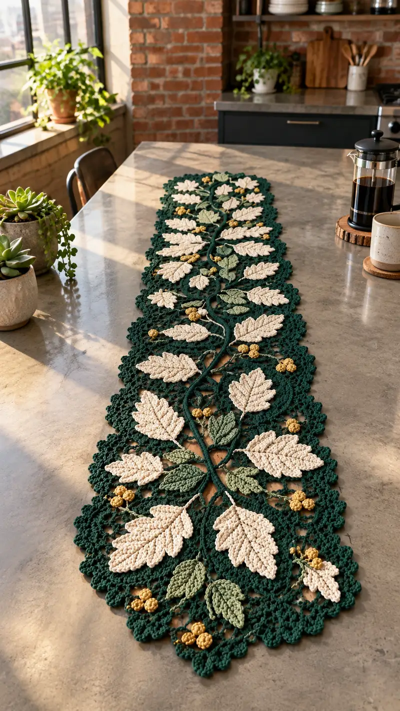 Leaf Vine Table Runner Pattern crochet pattern - detailed view of completed project