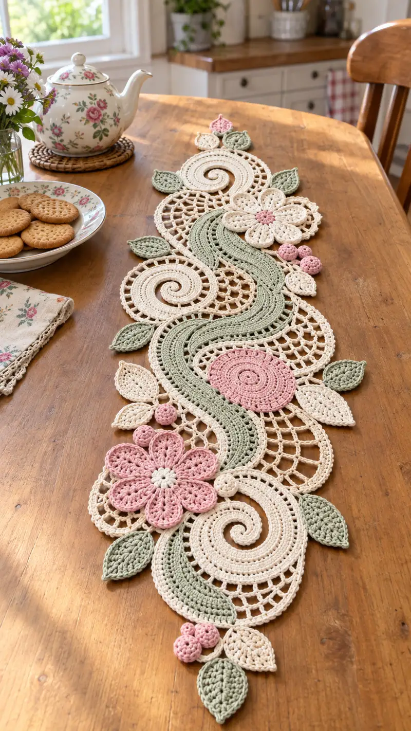 Vintage Floral Lace Table Runner Pattern crochet pattern - detailed view of completed project