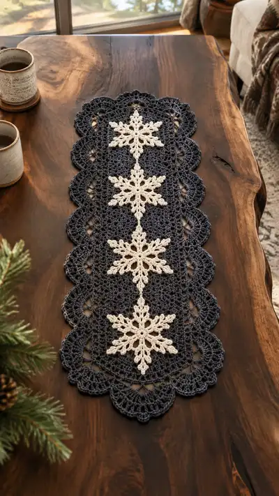 Cream Snowflake On Navy Table Runner Pattern step 1 - construction progress