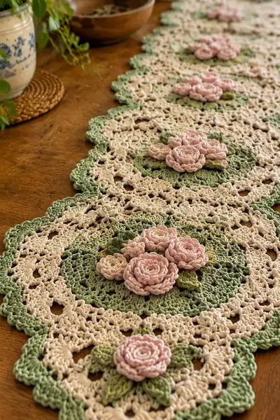 Cottagecore Rose Doily Autumn Table Runner Pattern step 2 - assembly progress